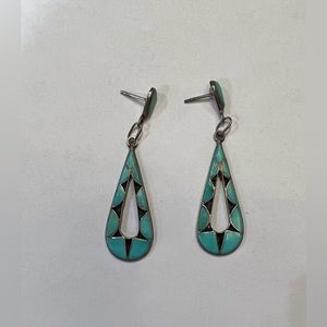 Vintage Turquoise Inlay Drop/dangle Earrings Sterling 925 Silver Er 1460